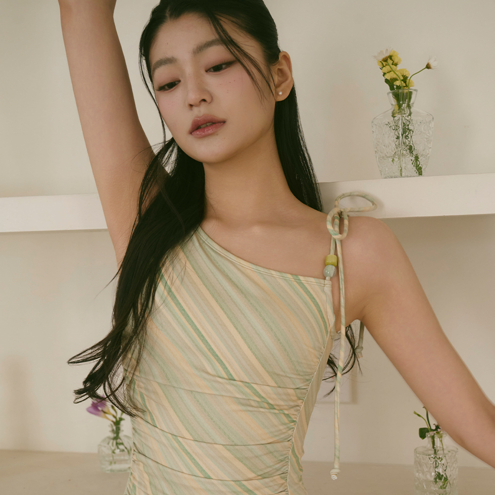 원숄더 드레이프 원피스 스트라이프 그린